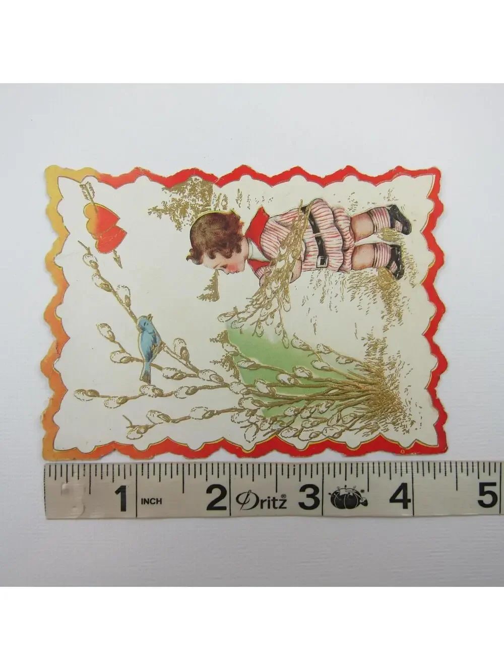 Valentine Card Boy Sailor Suit Blue Robin Bird Embossed Die cut Bifold Antique